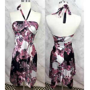 VTG Y2K Hourglass Halter Dress sz S Paisley Satin Asymmetrical hem USA 00s Fairy